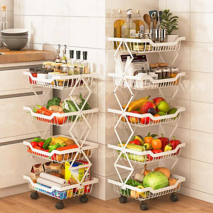 المنزل و المطبخ طوي الفاكهة و الخضار سلة التخزين المتداول الدائمة المنظم الجرف عربة مع عجلات Home &amp; Kitchen Foldable Fruit &amp; Vegetable Storage Basket Rolling Standing Organizer Shelf Trolley with Wheels