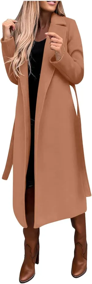 2024 New Trench Coat Womens Women's Faux Wool Long Jackets Vintage Lapel Windbreaker Fall and Winter Open Front Cardigan