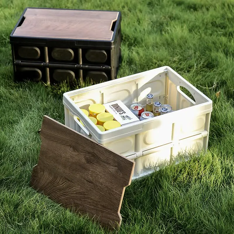 30L Foldable Storage Box with Wooden Lid | Green | Car Organizer | Outdoor Folding Storage Container