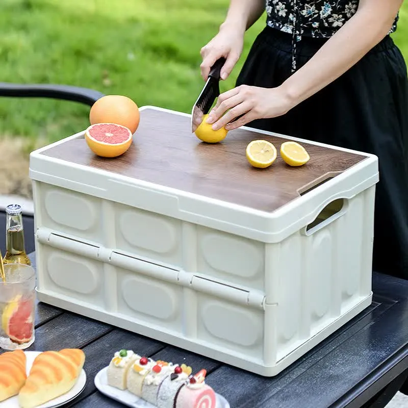 30L Foldable Storage Box with Wooden Lid | Green | Car Organizer | Outdoor Folding Storage Container