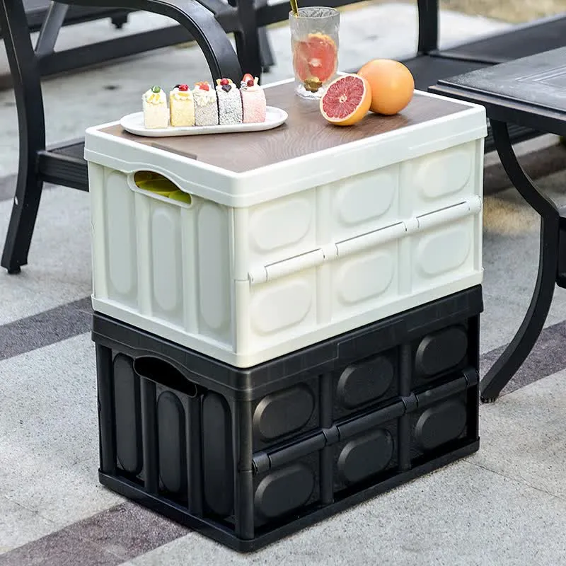 30L Foldable Storage Box with Wooden Lid | Green | Car Organizer | Outdoor Folding Storage Container