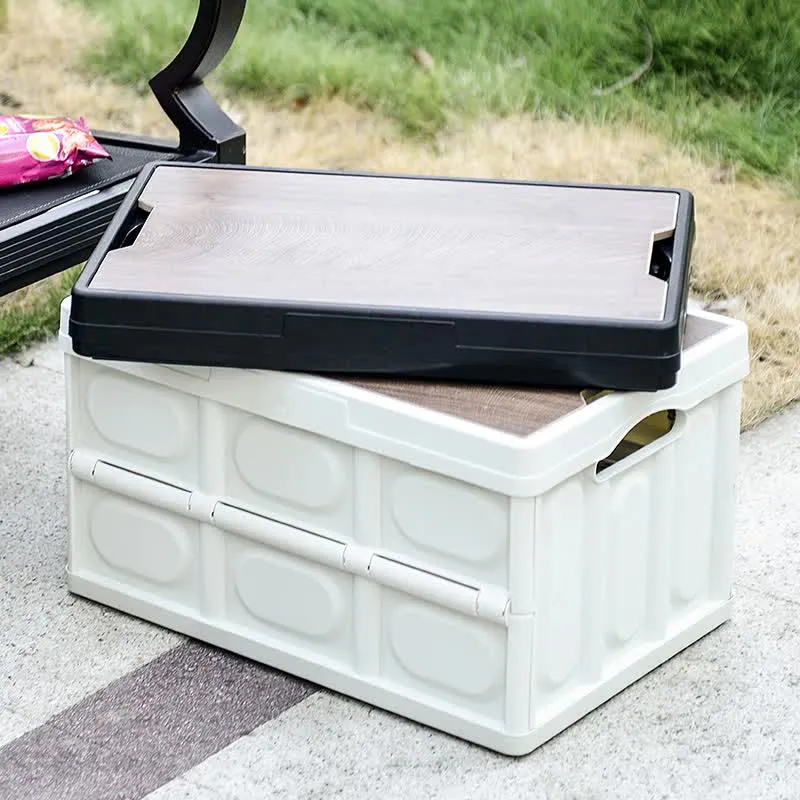 30L Foldable Storage Box with Wooden Lid | White | Car Organizer | Outdoor Folding Storage Container