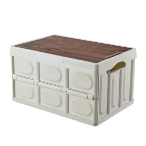 30L Foldable Storage Box with Wooden Lid | White | Car Organizer | Outdoor Folding Storage Container