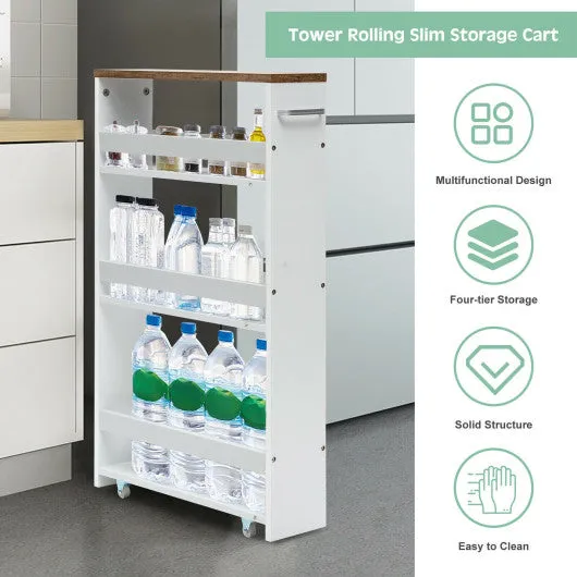 4 Tiers Rolling Slim Storage Kitchen Organizer Cart with Handle-White