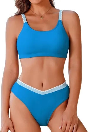 AI'MAGE Women's High Cut Bikini Set 2 Piece Sporty Swimsuit Color Block Bathing Suit with Trim