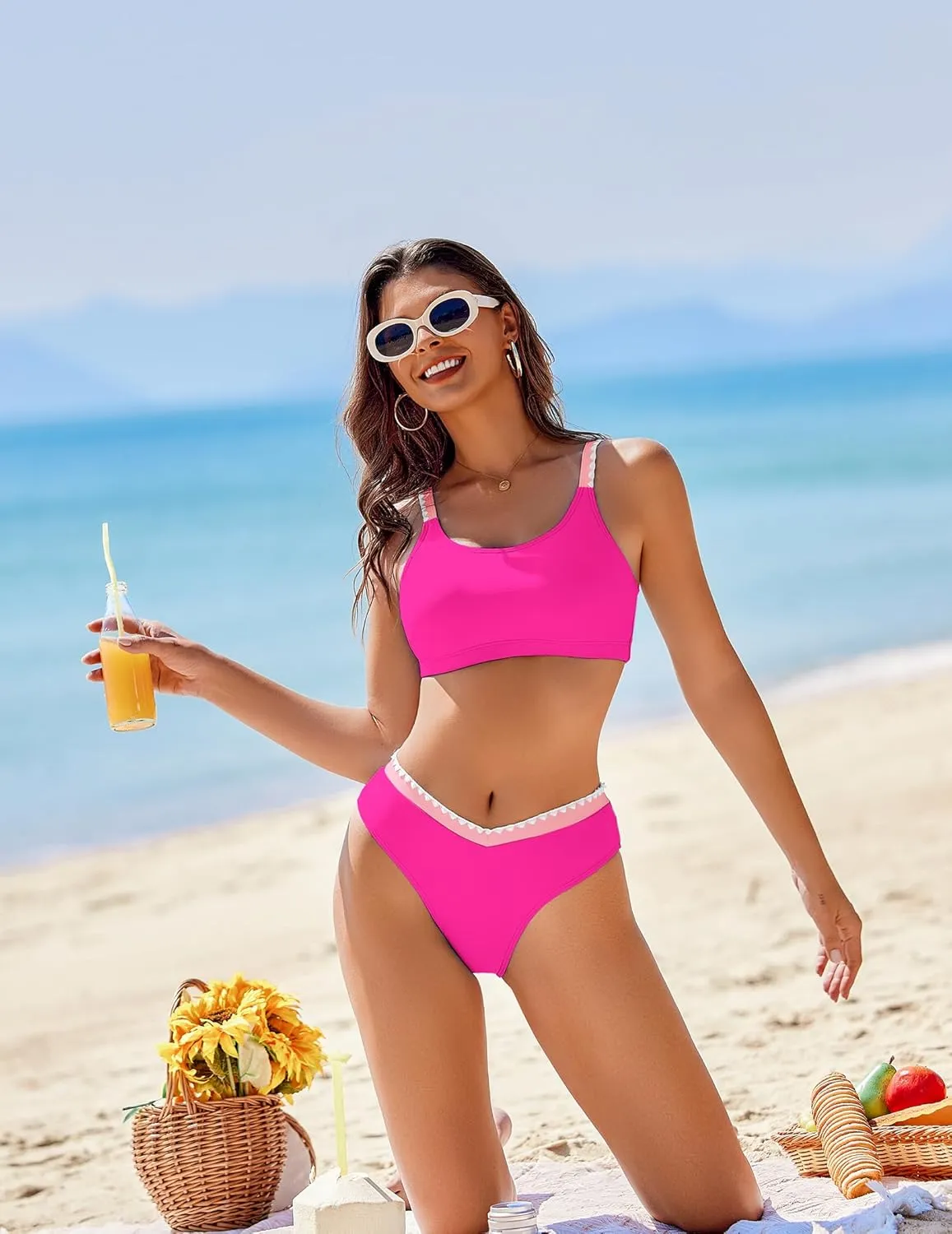 AI'MAGE Women's High Cut Bikini Set 2 Piece Sporty Swimsuit Color Block Bathing Suit with Trim