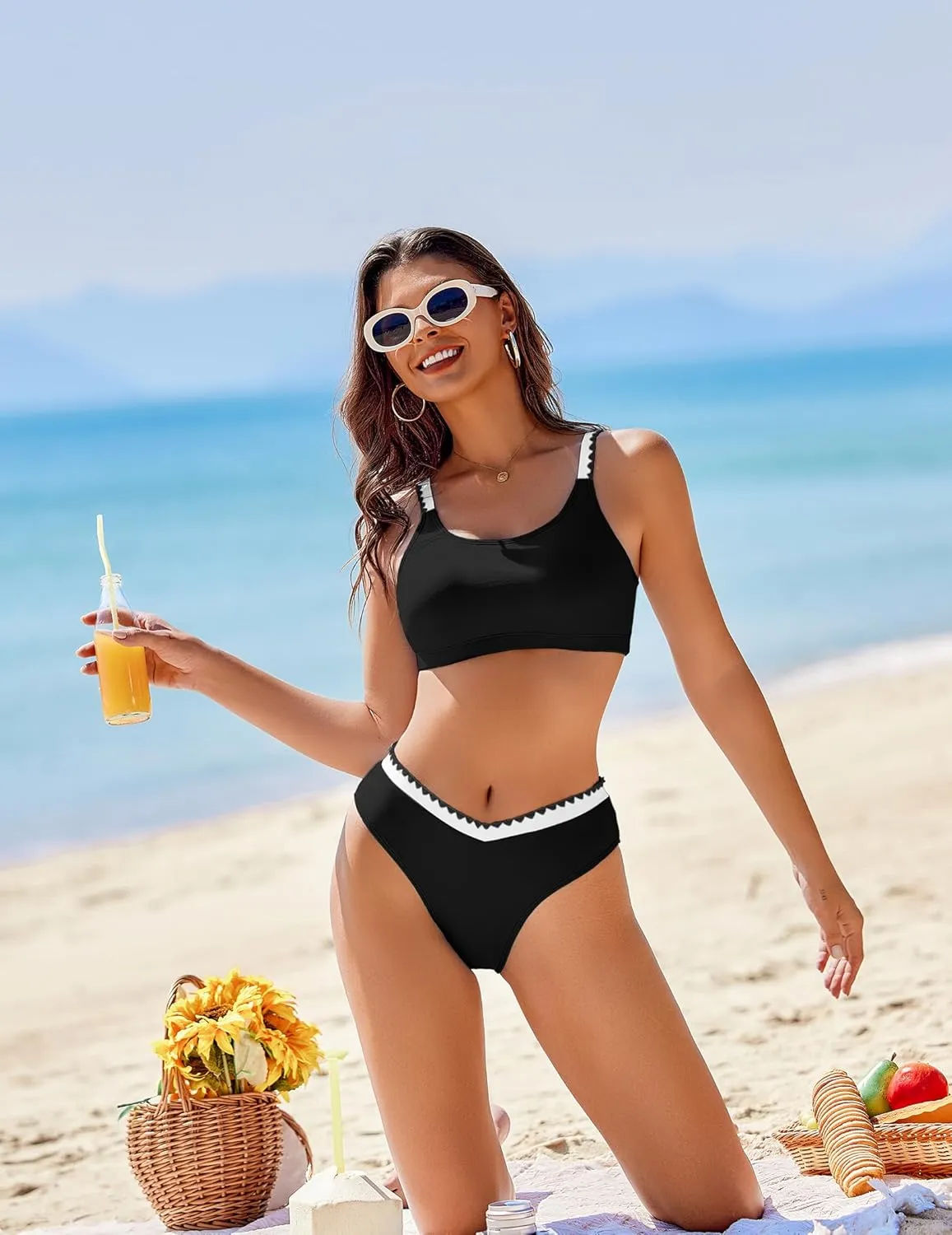 AI'MAGE Women's High Cut Bikini Set 2 Piece Sporty Swimsuit Color Block Bathing Suit with Trim