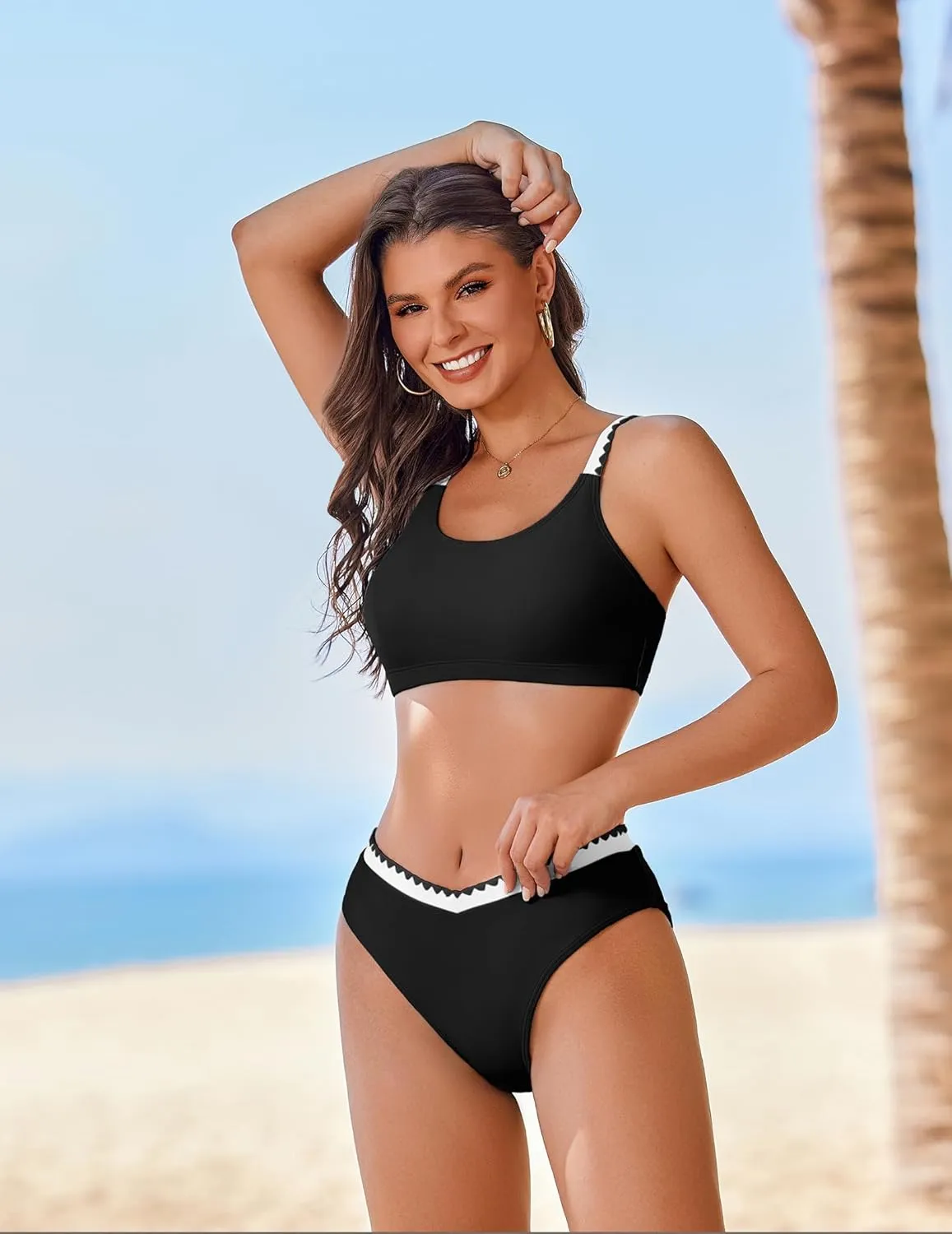 AI'MAGE Women's High Cut Bikini Set 2 Piece Sporty Swimsuit Color Block Bathing Suit with Trim