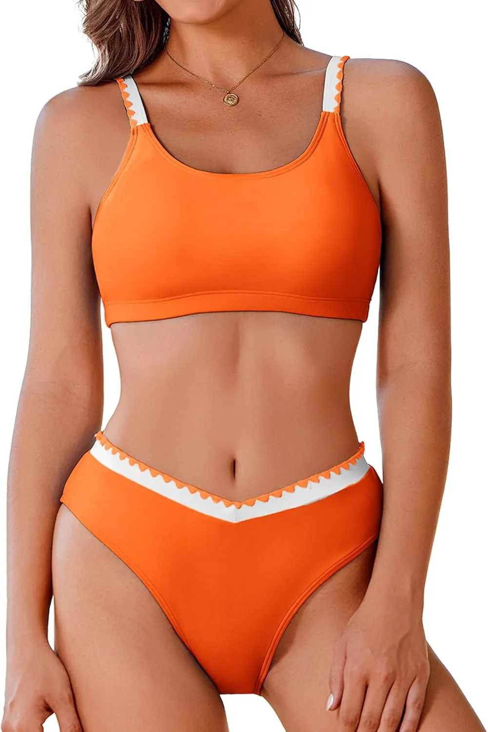 AI'MAGE Women's High Cut Bikini Set 2 Piece Sporty Swimsuit Color Block Bathing Suit with Trim
