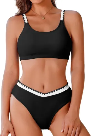 AI'MAGE Women's High Cut Bikini Set 2 Piece Sporty Swimsuit Color Block Bathing Suit with Trim