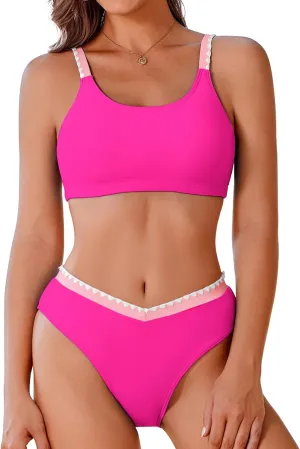 AI'MAGE Women's High Cut Bikini Set 2 Piece Sporty Swimsuit Color Block Bathing Suit with Trim