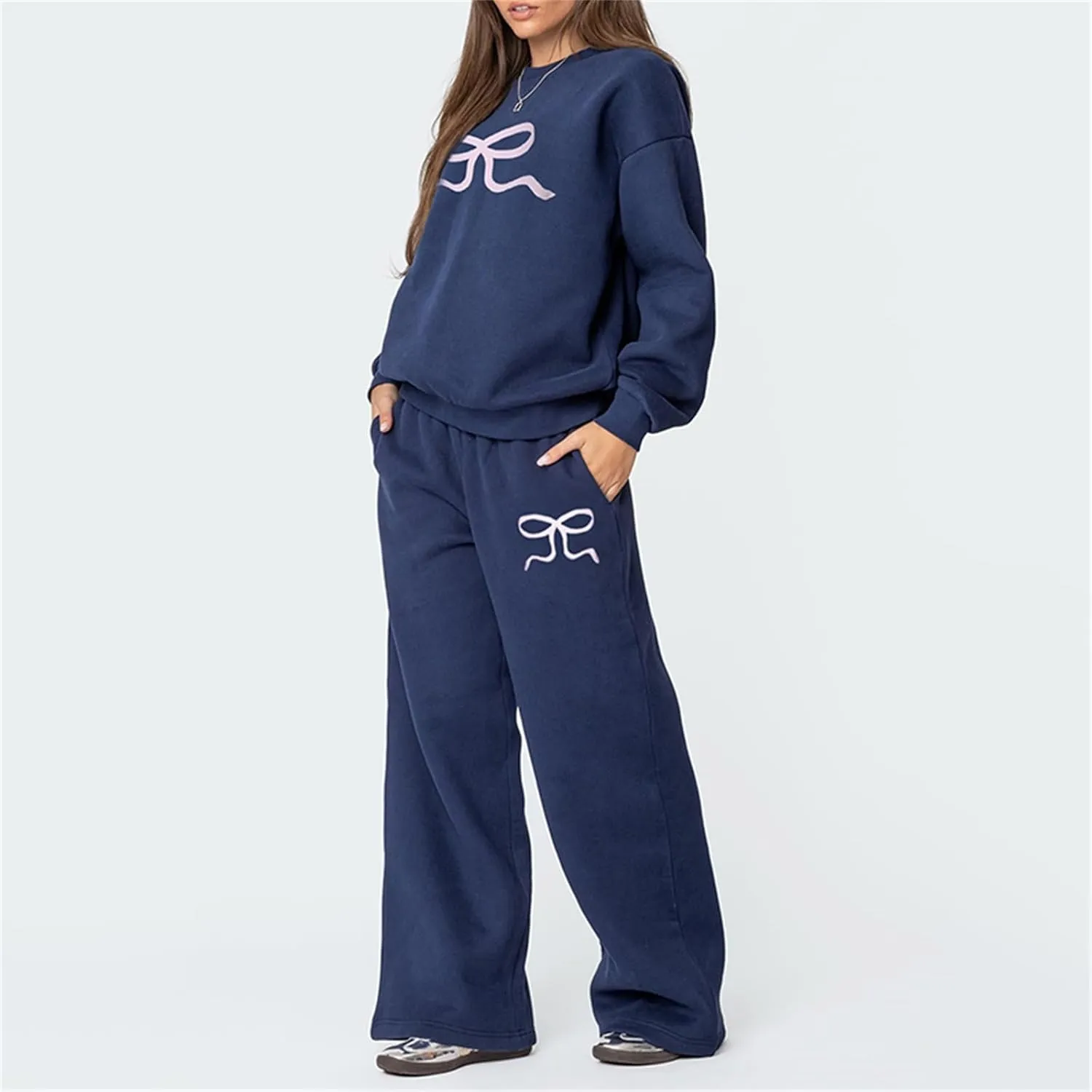 Amiblvowa 2 Piece Lounge Sets for Women Bow Sweatsuits Teens Girl Bow Print Oversize Sweatshirt Hoodie Matching Pants Outfit
