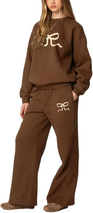 Amiblvowa 2 Piece Lounge Sets for Women Bow Sweatsuits Teens Girl Bow Print Oversize Sweatshirt Hoodie Matching Pants Outfit