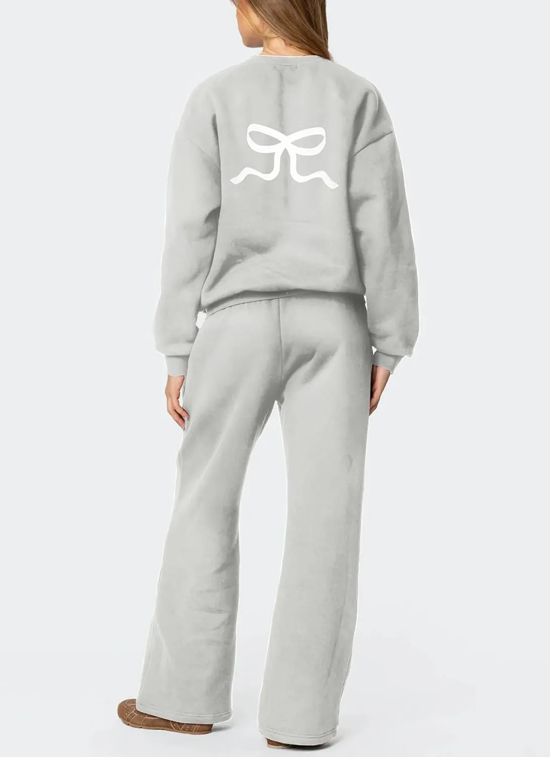 Amiblvowa 2 Piece Lounge Sets for Women Bow Sweatsuits Teens Girl Bow Print Oversize Sweatshirt Hoodie Matching Pants Outfit