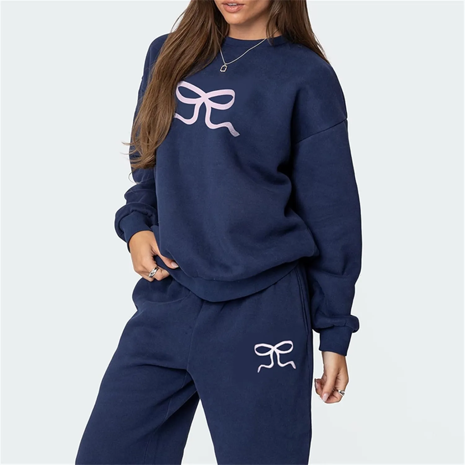 Amiblvowa 2 Piece Lounge Sets for Women Bow Sweatsuits Teens Girl Bow Print Oversize Sweatshirt Hoodie Matching Pants Outfit