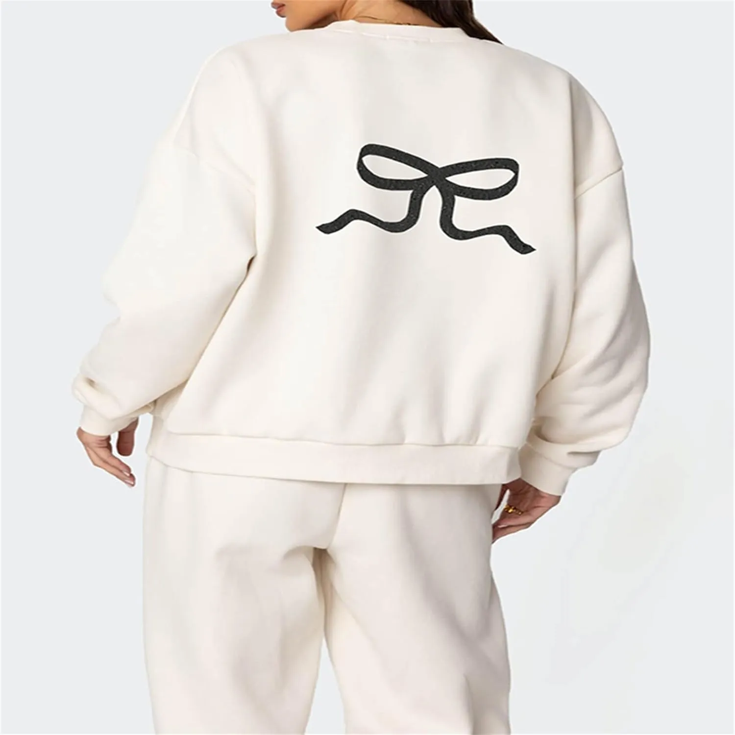 Amiblvowa 2 Piece Lounge Sets for Women Bow Sweatsuits Teens Girl Bow Print Oversize Sweatshirt Hoodie Matching Pants Outfit