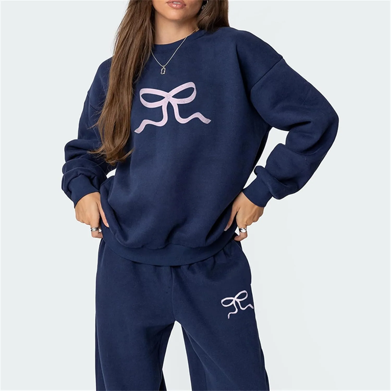 Amiblvowa 2 Piece Lounge Sets for Women Bow Sweatsuits Teens Girl Bow Print Oversize Sweatshirt Hoodie Matching Pants Outfit