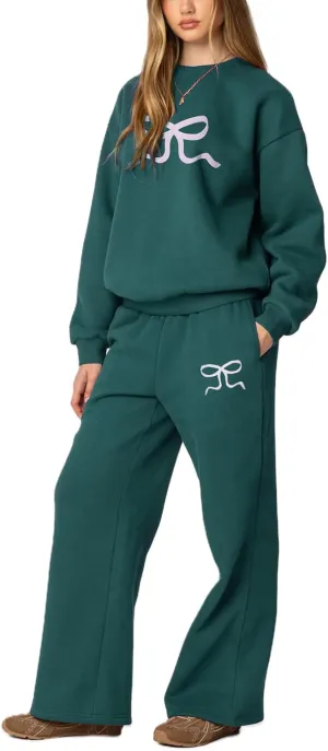 Amiblvowa 2 Piece Lounge Sets for Women Bow Sweatsuits Teens Girl Bow Print Oversize Sweatshirt Hoodie Matching Pants Outfit