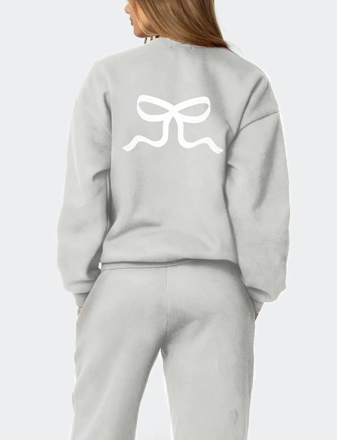 Amiblvowa 2 Piece Lounge Sets for Women Bow Sweatsuits Teens Girl Bow Print Oversize Sweatshirt Hoodie Matching Pants Outfit