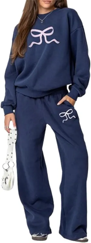 Amiblvowa 2 Piece Lounge Sets for Women Bow Sweatsuits Teens Girl Bow Print Oversize Sweatshirt Hoodie Matching Pants Outfit