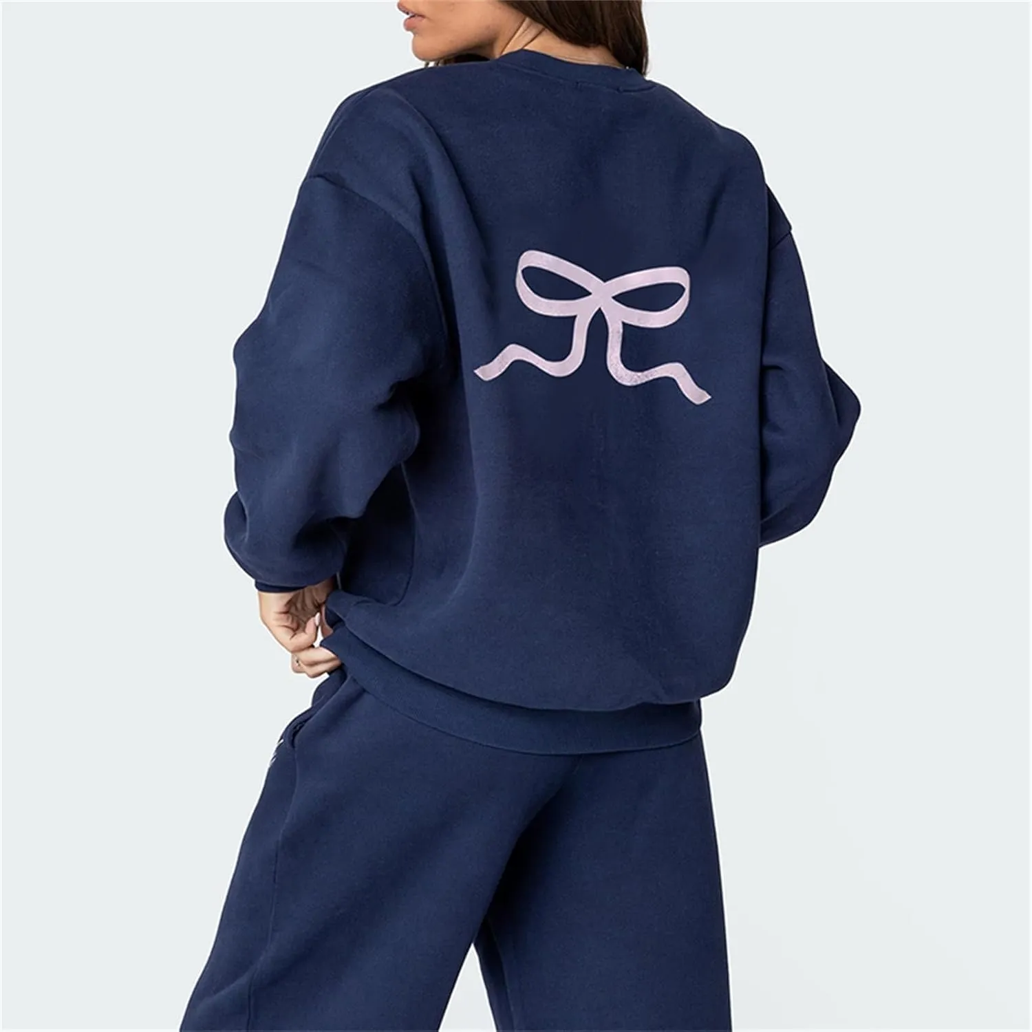 Amiblvowa 2 Piece Lounge Sets for Women Bow Sweatsuits Teens Girl Bow Print Oversize Sweatshirt Hoodie Matching Pants Outfit