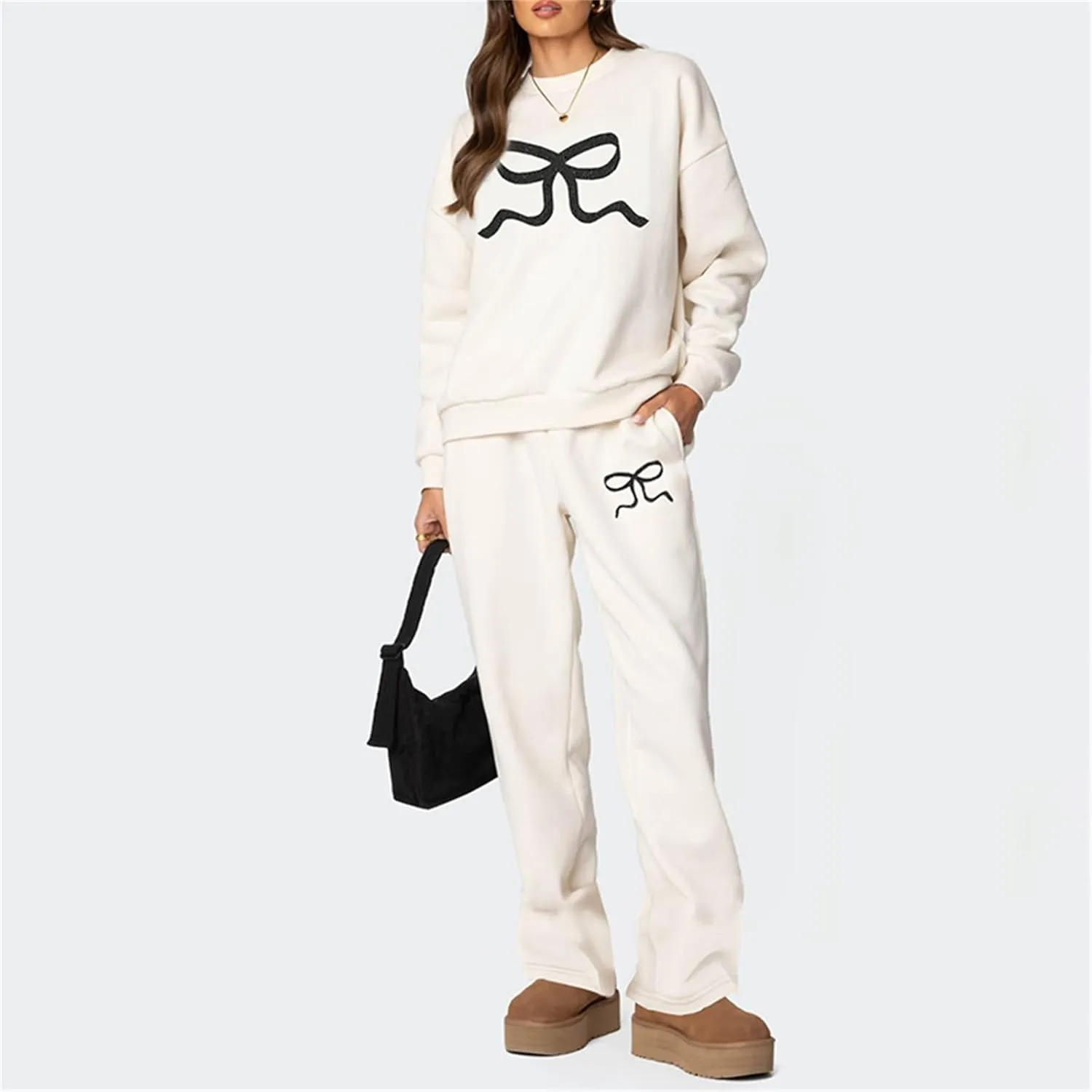 Amiblvowa 2 Piece Lounge Sets for Women Bow Sweatsuits Teens Girl Bow Print Oversize Sweatshirt Hoodie Matching Pants Outfit