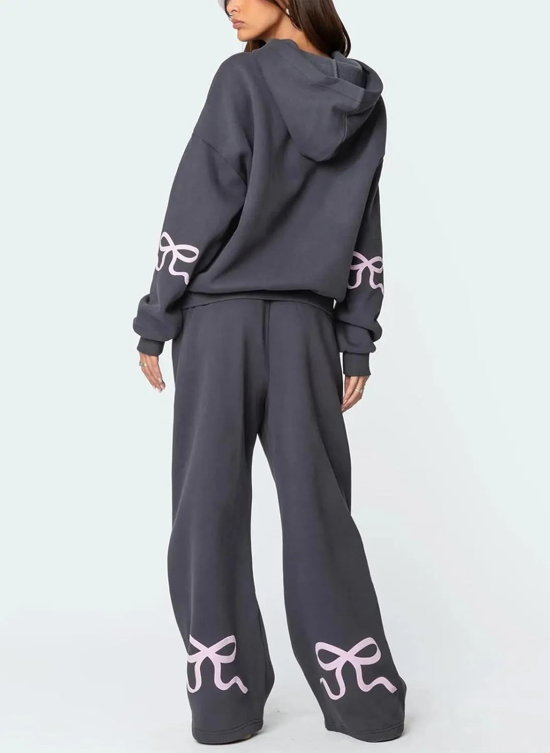 Amiblvowa 2 Piece Lounge Sets for Women Bow Sweatsuits Teens Girl Bow Print Oversize Sweatshirt Hoodie Matching Pants Outfit