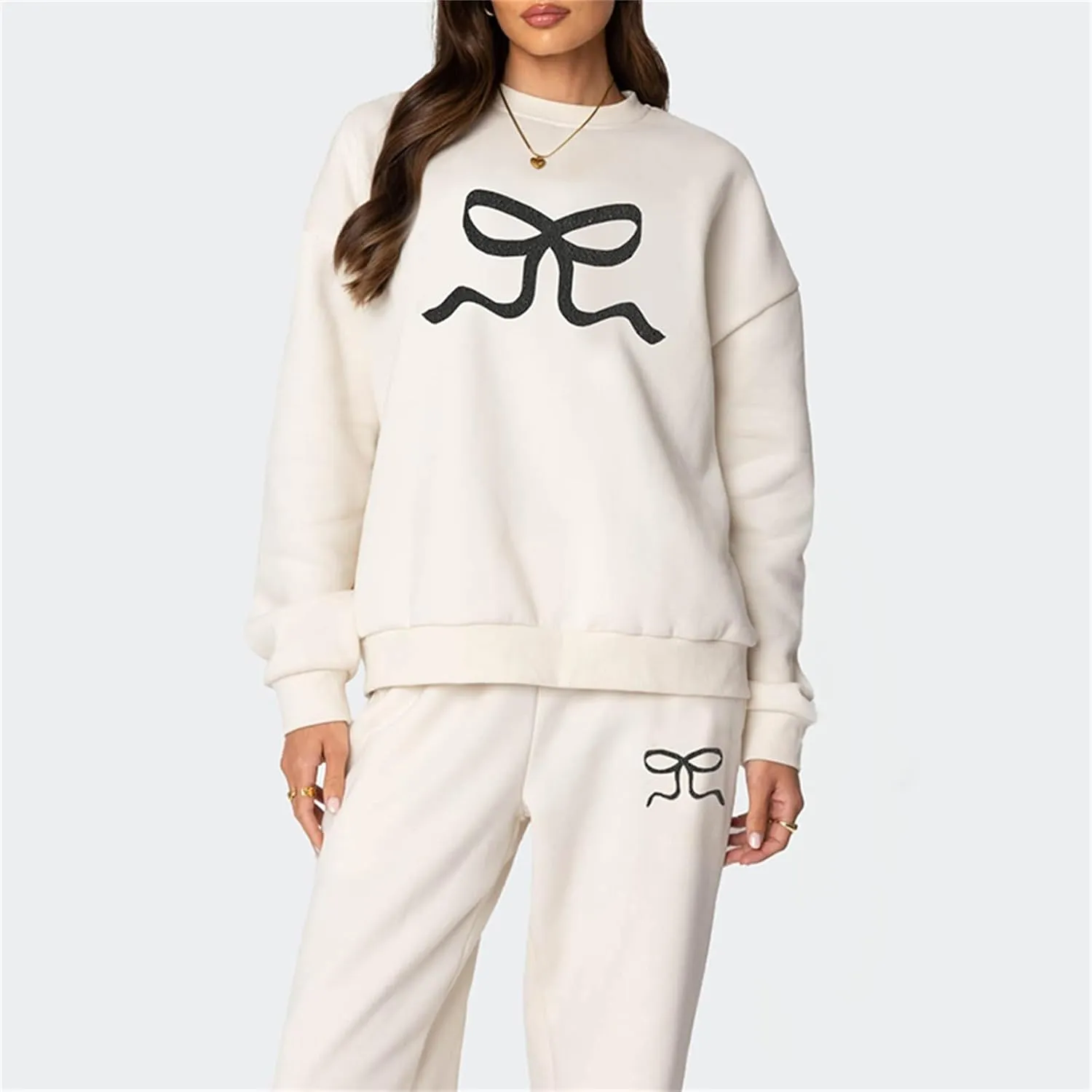 Amiblvowa 2 Piece Lounge Sets for Women Bow Sweatsuits Teens Girl Bow Print Oversize Sweatshirt Hoodie Matching Pants Outfit