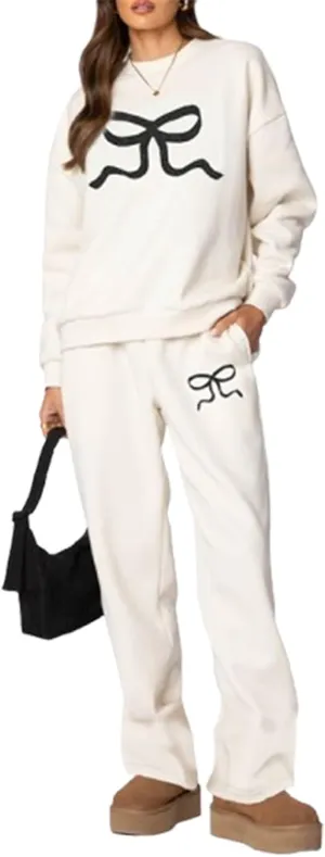 Amiblvowa 2 Piece Lounge Sets for Women Bow Sweatsuits Teens Girl Bow Print Oversize Sweatshirt Hoodie Matching Pants Outfit