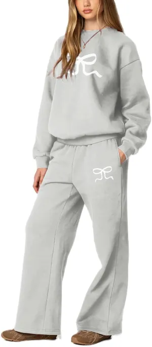 Amiblvowa 2 Piece Lounge Sets for Women Bow Sweatsuits Teens Girl Bow Print Oversize Sweatshirt Hoodie Matching Pants Outfit