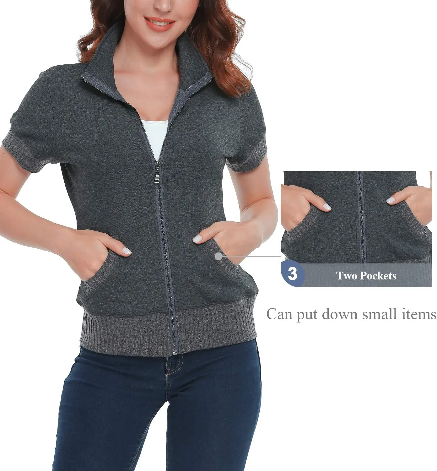 andy & natalie Women's Stand Collar Zip up Long Sleeve Jacket with Pockets Running Sweatshirts Jackets