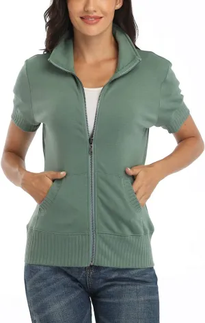 andy & natalie Women's Stand Collar Zip up Long Sleeve Jacket with Pockets Running Sweatshirts Jackets