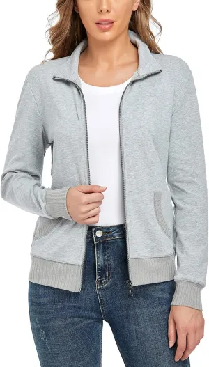 andy & natalie Women's Stand Collar Zip up Long Sleeve Jacket with Pockets Running Sweatshirts Jackets