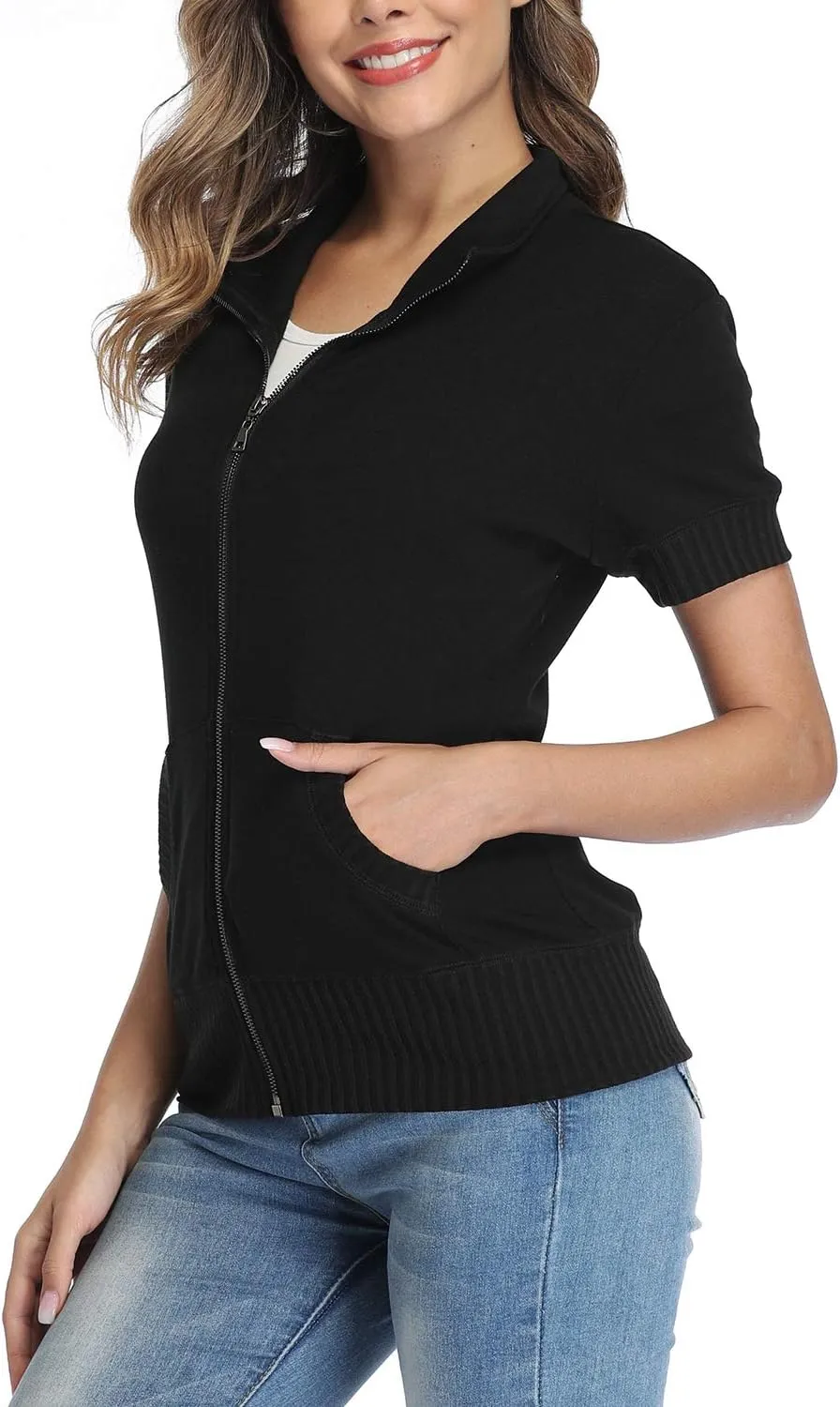 andy & natalie Women's Stand Collar Zip up Long Sleeve Jacket with Pockets Running Sweatshirts Jackets