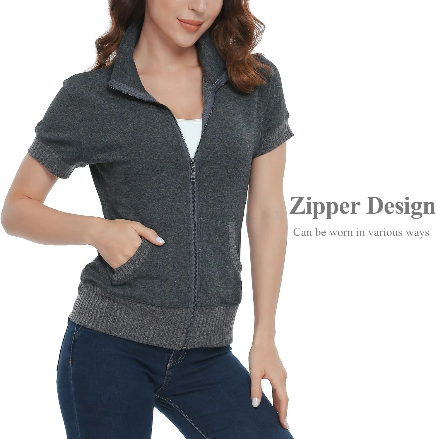 andy & natalie Women's Stand Collar Zip up Long Sleeve Jacket with Pockets Running Sweatshirts Jackets