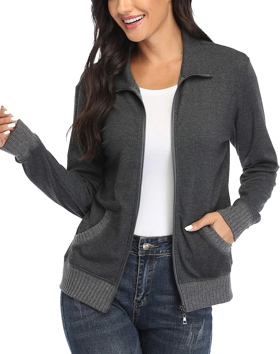 andy & natalie Women's Stand Collar Zip up Long Sleeve Jacket with Pockets Running Sweatshirts Jackets