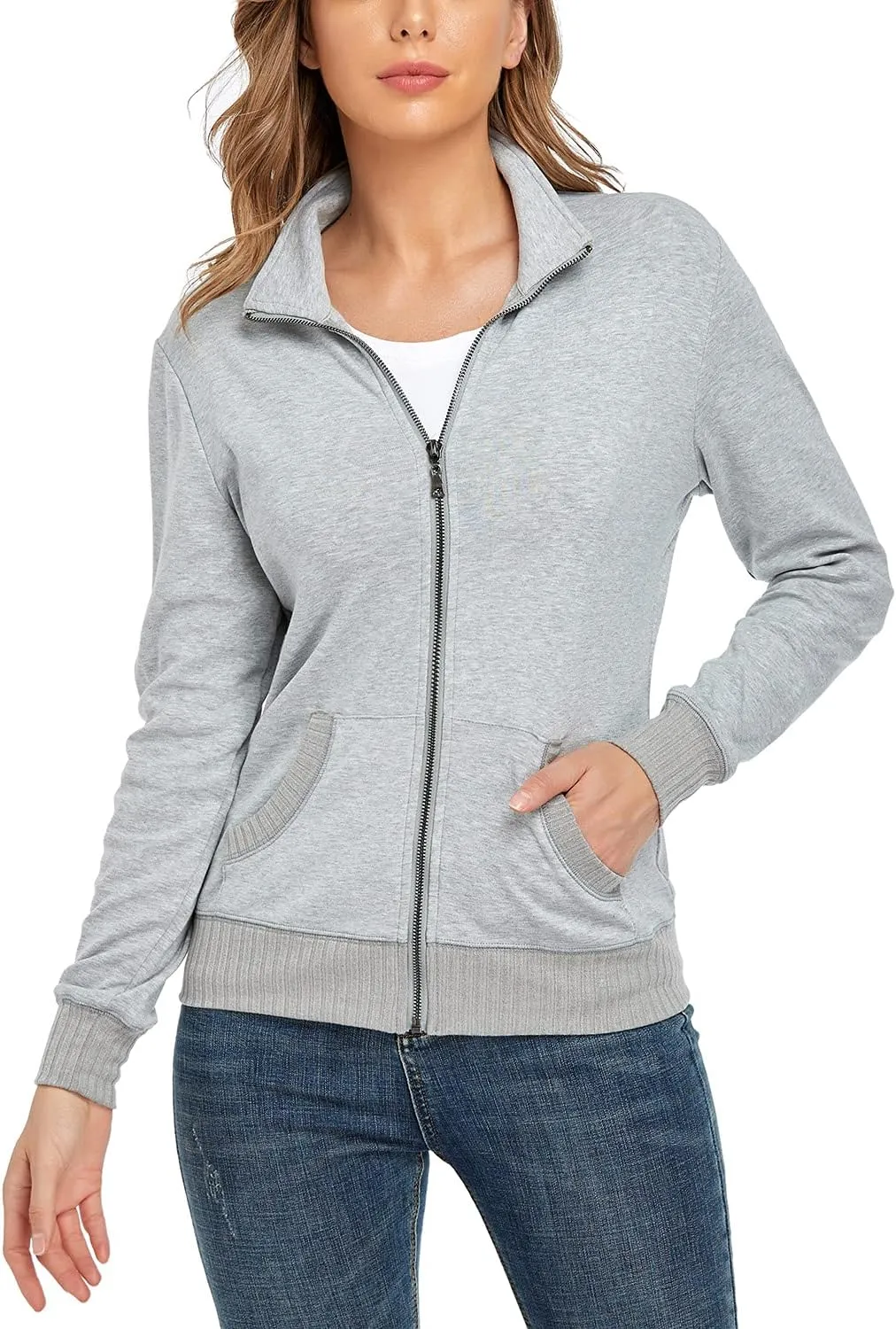 andy & natalie Women's Stand Collar Zip up Long Sleeve Jacket with Pockets Running Sweatshirts Jackets
