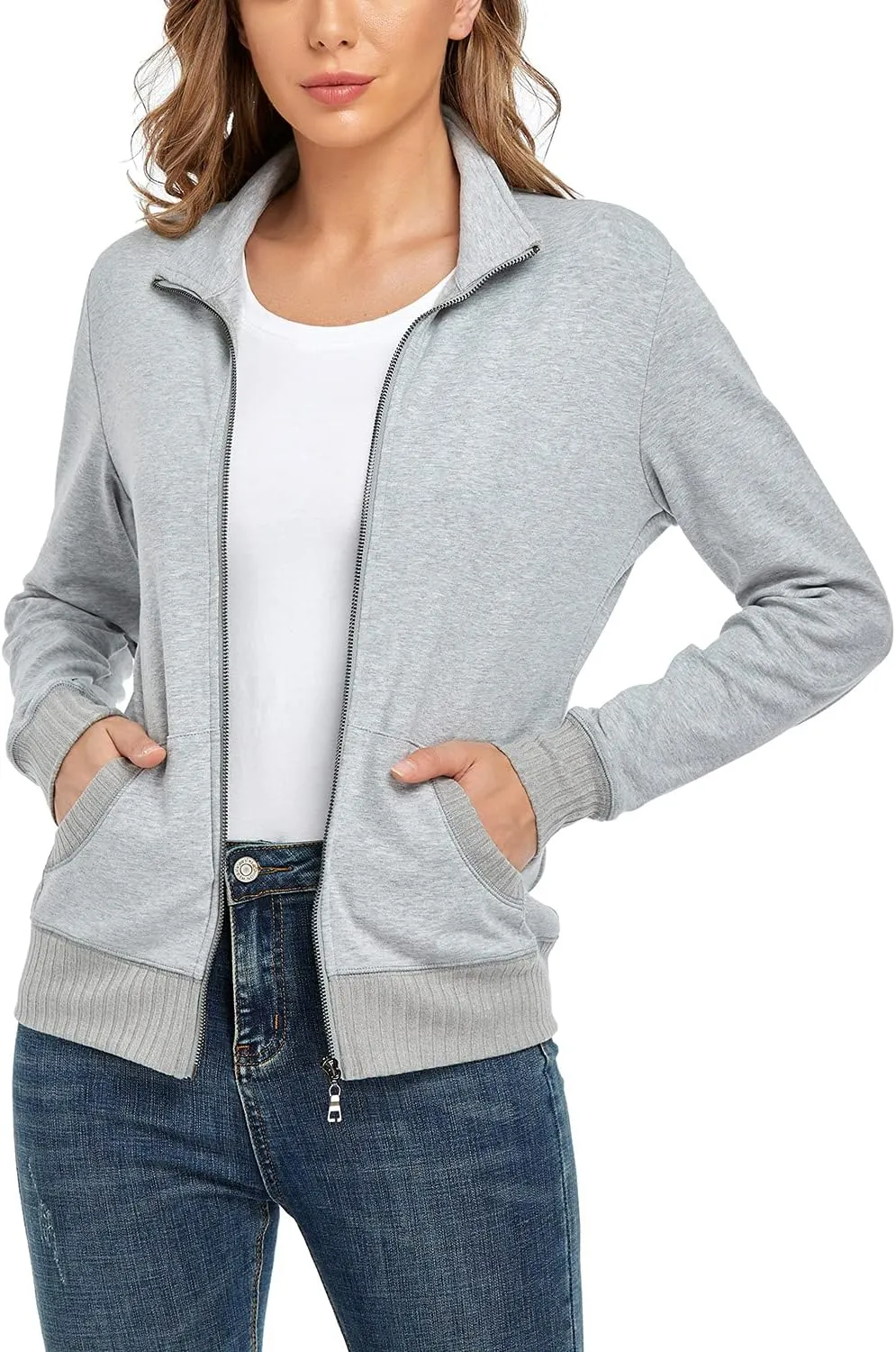 andy & natalie Women's Stand Collar Zip up Long Sleeve Jacket with Pockets Running Sweatshirts Jackets