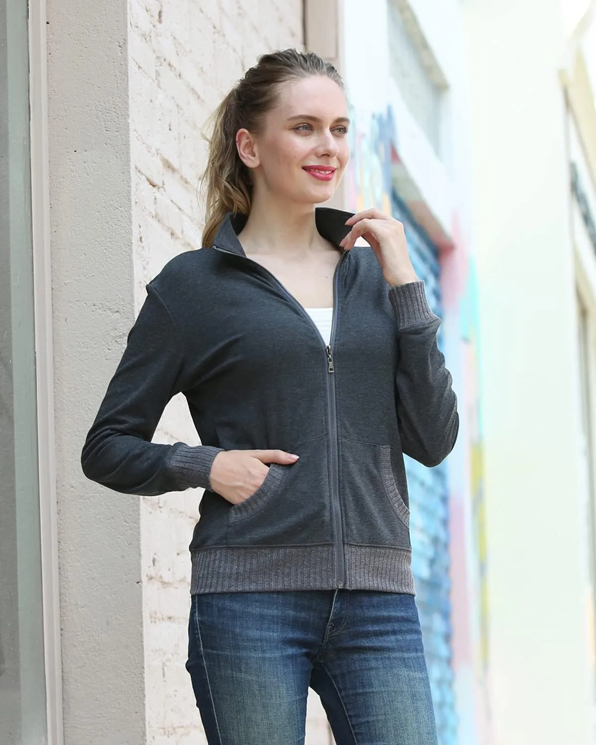 andy & natalie Women's Stand Collar Zip up Long Sleeve Jacket with Pockets Running Sweatshirts Jackets
