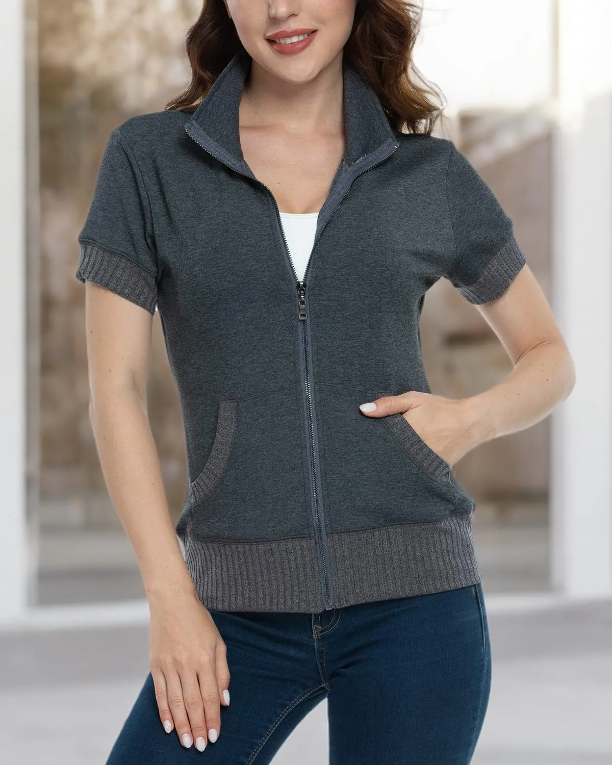 andy & natalie Women's Stand Collar Zip up Long Sleeve Jacket with Pockets Running Sweatshirts Jackets