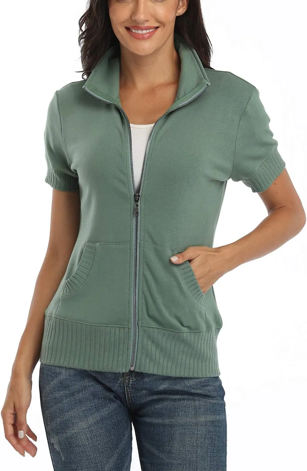 andy & natalie Women's Stand Collar Zip up Long Sleeve Jacket with Pockets Running Sweatshirts Jackets