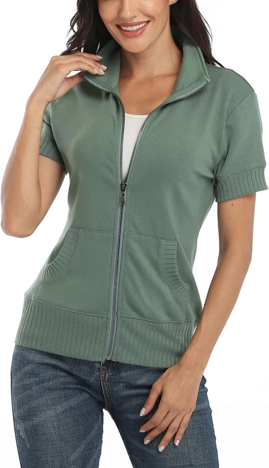andy & natalie Women's Stand Collar Zip up Long Sleeve Jacket with Pockets Running Sweatshirts Jackets
