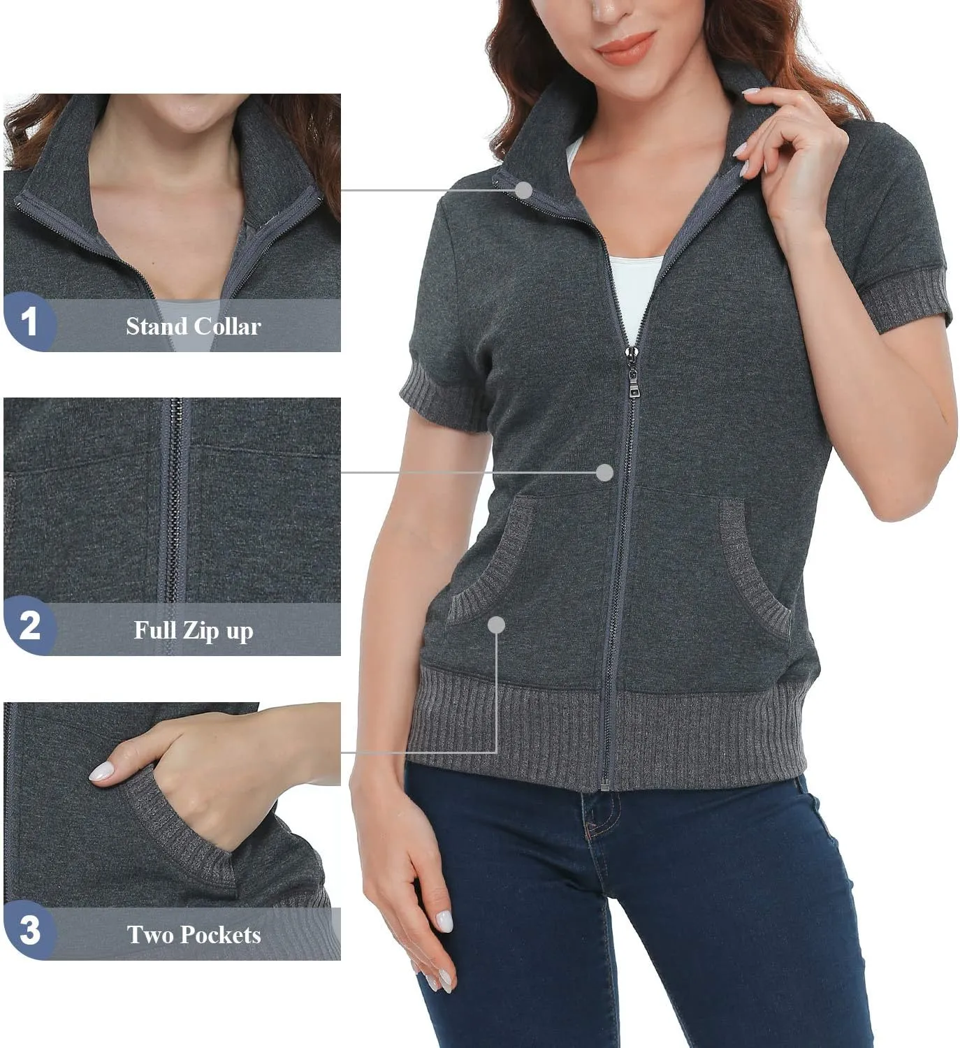andy & natalie Women's Stand Collar Zip up Long Sleeve Jacket with Pockets Running Sweatshirts Jackets