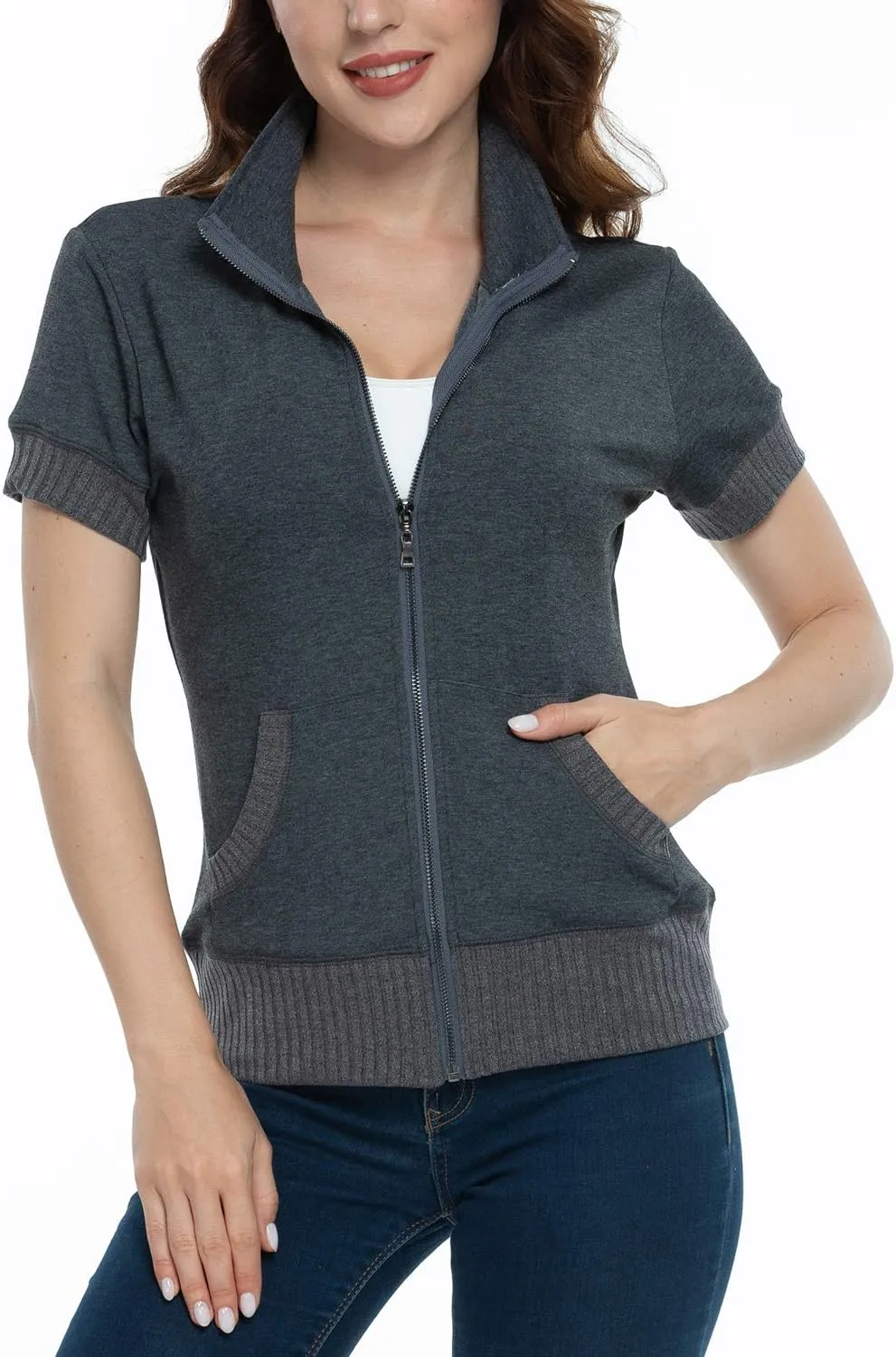 andy & natalie Women's Stand Collar Zip up Long Sleeve Jacket with Pockets Running Sweatshirts Jackets