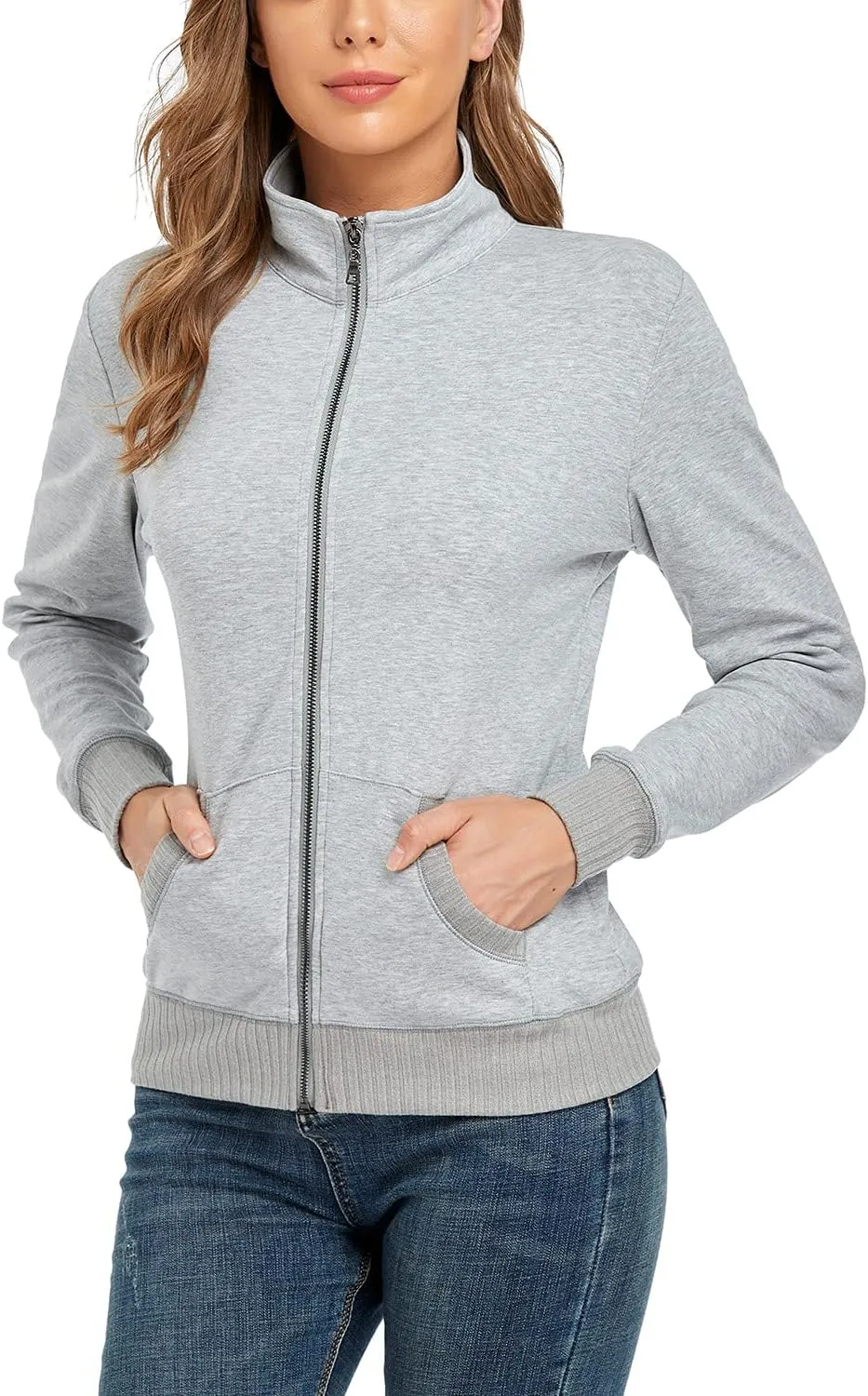 andy & natalie Women's Stand Collar Zip up Long Sleeve Jacket with Pockets Running Sweatshirts Jackets