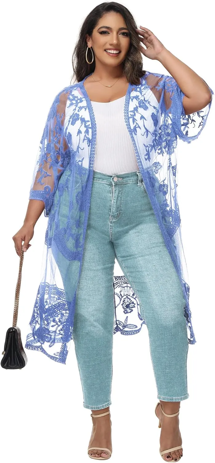 Anna-Kaci Women's Plus Size Lace Cardigan Embroidered Long Kimono Dusters with Half Sleeves