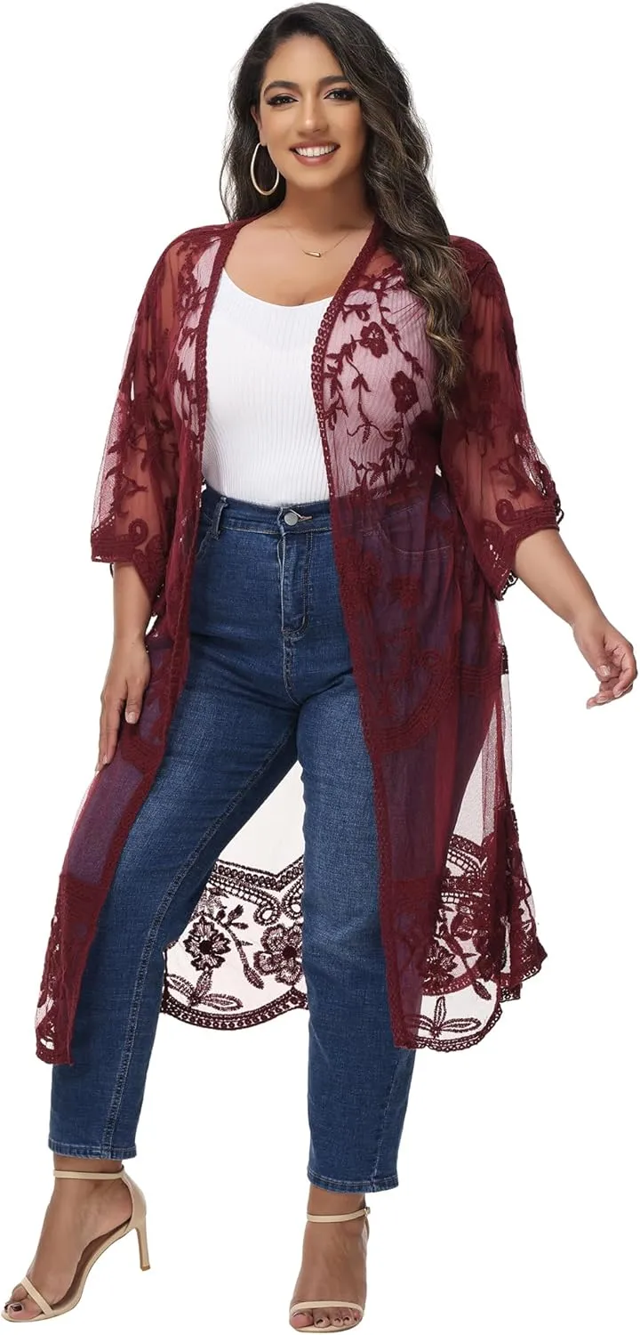 Anna-Kaci Women's Plus Size Lace Cardigan Embroidered Long Kimono Dusters with Half Sleeves