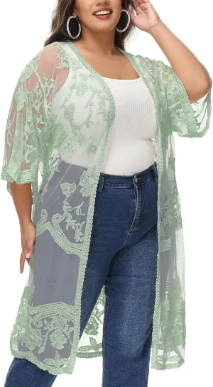 Anna-Kaci Women's Plus Size Lace Cardigan Embroidered Long Kimono Dusters with Half Sleeves