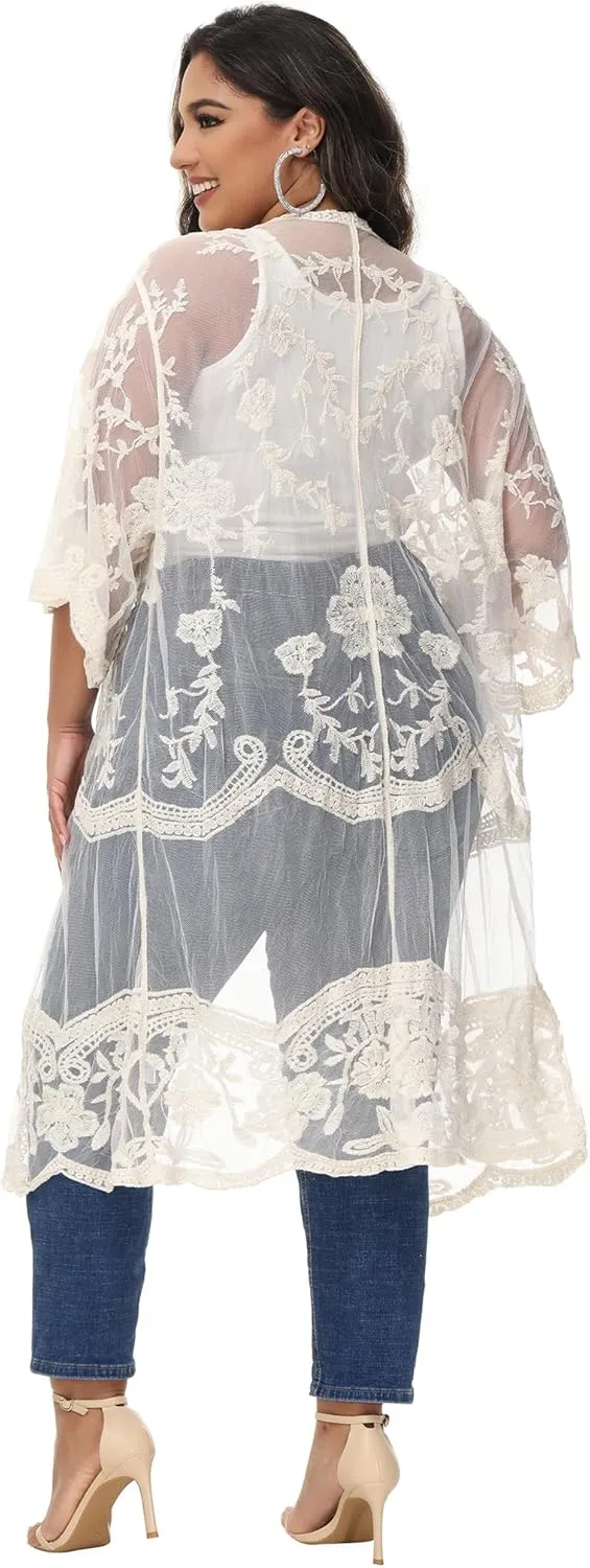 Anna-Kaci Women's Plus Size Lace Cardigan Embroidered Long Kimono Dusters with Half Sleeves