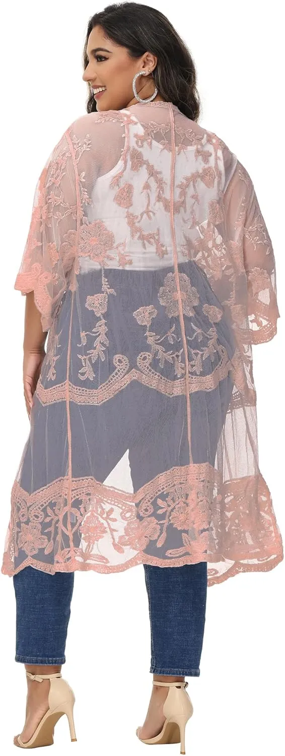 Anna-Kaci Women's Plus Size Lace Cardigan Embroidered Long Kimono Dusters with Half Sleeves